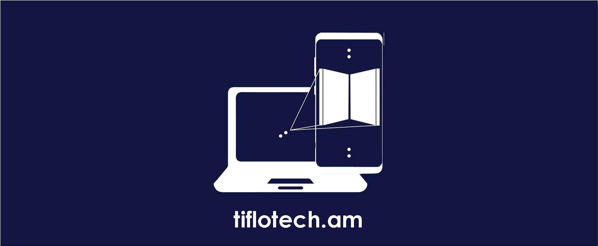 tiflotech.whitecane.ngo լոգո մուք կապույտ ֆոնի վրա պատկերված է բացված վիճակով նոթբուք և սմարտֆոն նոթի ներքևում գրված է tiflotech.whitecane.ngo սմարթֆոնի էկրանին բացված գիրք է այդ երկու սարքերն իրար են միացված գծերով